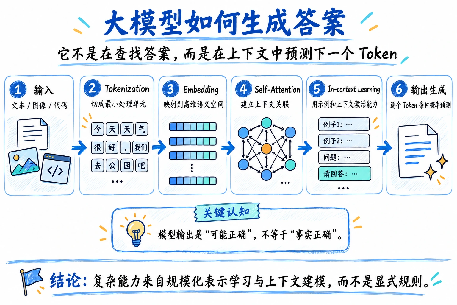 大模型生成流水线：输入内容依次经过 Token 切分、向量表示、注意力关系、上下文增强，最后生成输出
